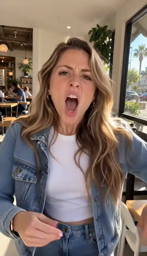 AI-generated Bad Times reaction video featuring the woman in the original photo, wearing a denim jacket over a white top