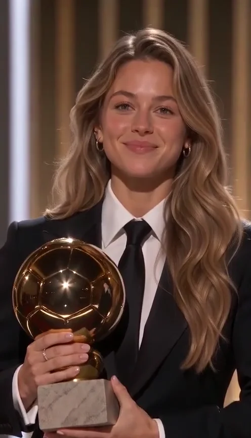 AI-generated example of a woman in a black suit holding a golden football trophy on stage.