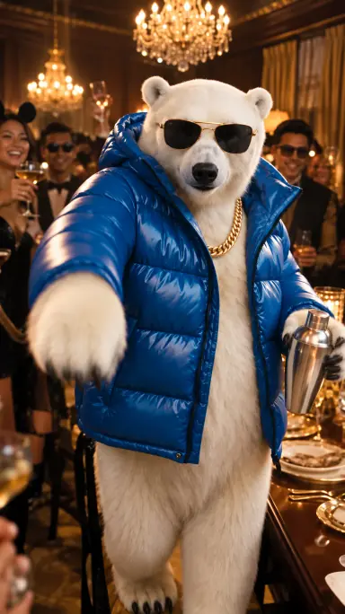 A bear with a silver cup in a Drake-inspired party scene
