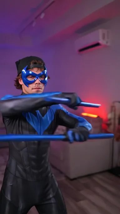 AI-generated Nightwing cosplay demo created from the example input photo of a man in a white tank top and backwards black cap.
