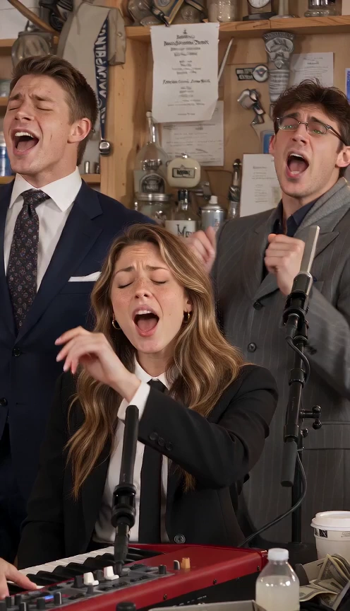 AI-generated keyboard player and two backing singers performing in a desk concert