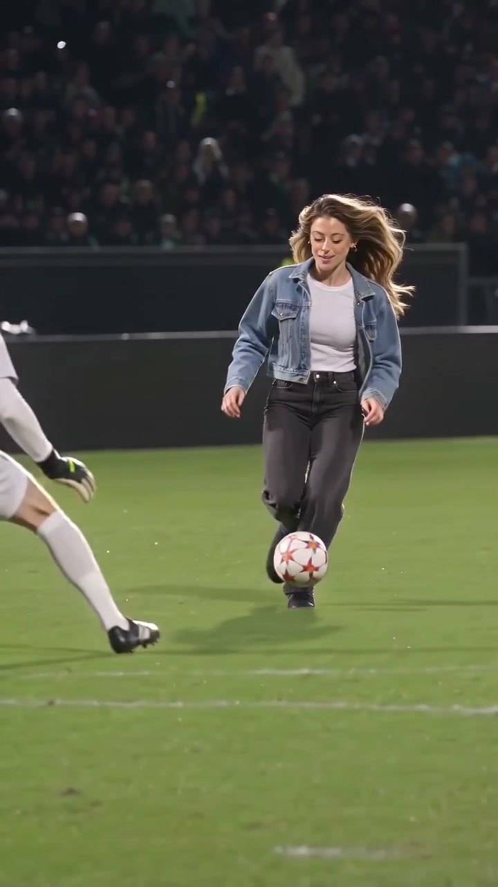 Reference example of a character dribbling past a defender on a football pitch