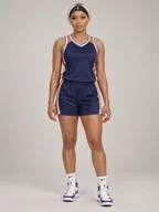 Example partner input photo of a woman in a navy basketball jersey and black headband